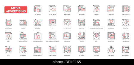 Media advertising symbols covering social media, branding, promotion, publishing, analytics, campaign planning for digital communication workflows complex red black line icons set vector illustration Stock Vector