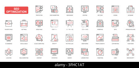 SEO optimization symbols for search marketing, analytics, web performance, content strategy and digital growth workflows across online business systems complex vector red black line icons set Stock Vector