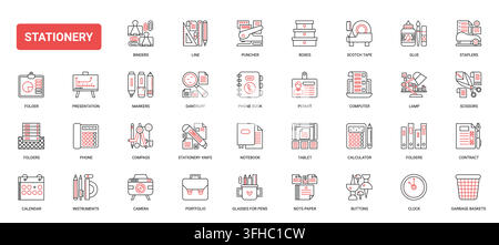 Stationery and office supply symbols featuring folders, binders, scissors, calculator, notebook and desk tools for school and workplace organization vector complex red black line icons set Stock Vector