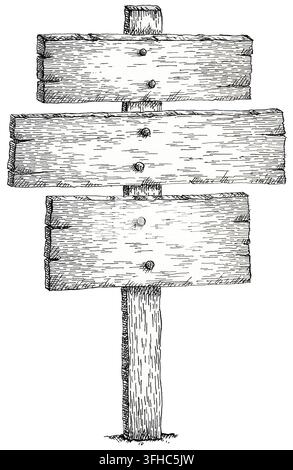 Hand-drawn ink illustration of three old wooden boards nailed to a post. Stock Photo