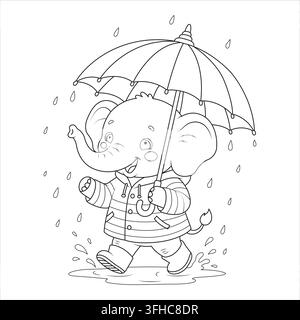 Rain umbrella raincoat puddle elephant walking in wet weather wearing boots Stock Vector