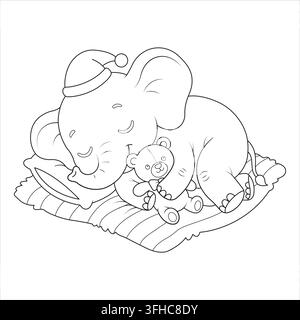 Sleeping bedtime teddy bear elephant resting on pillow wearing nightcap hugging toy Stock Vector