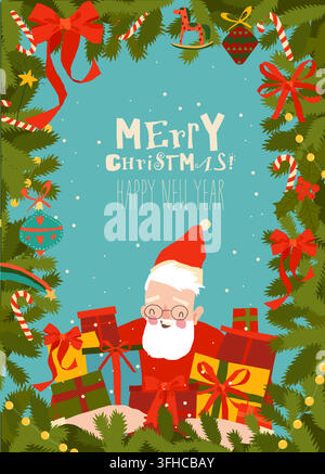 Santa Claus holding Gifts in Frame with Christmas Tree Stock Vector