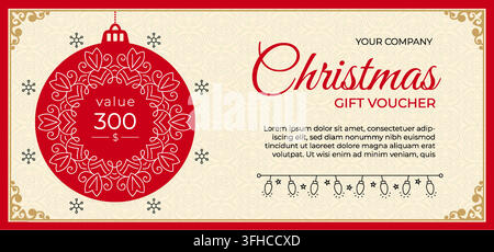 Luxury Christmas Gift Voucher Template. Elegant Holiday Coupon Design with Red and Gold Bauble. Christmas Discount Token Vector. Stock Vector
