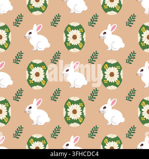 Easter seamless pattern featuring white rabbits green Easter eggs decorated white daisy flowers yellow leaves, small green leafy twigs, light brown ba Stock Vector