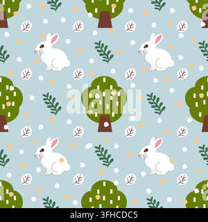 seamless vector pattern features white rabbits green trees leaves light blue background White orange dots simulate snow abstract elements creating whi Stock Vector
