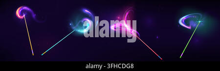 Magic wands with glowing colored light trails and sparkles, glowing fairy tale effects on dark background. Purple swirles, glitter particles and mystical shimmer. Isolated vector illustrations Stock Vector