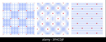 Seamless gingham pattern with cute hearts on light blue checker background. Vector set of geometric vichy print with girly pastel love motifs, classic checkered design for cute tablecloth textile Stock Vector