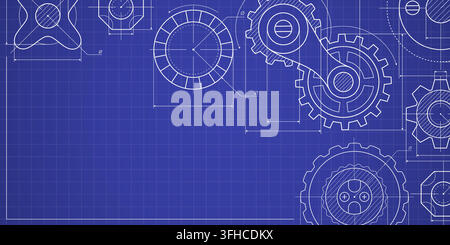 Industrial blueprint background with mechanical gears and cogwheels. Engineering design with white grid texture and technical drawings. Mechanic parts of car engine or watch. Vector steampunk pattern. Stock Vector