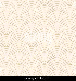 Japanese wave pattern wallpaper featuring beige and gold linear curves for interior decor Stock Vector