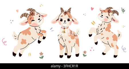 Cute cartoon goat character set with three adorable farm animals in different poses, pastel colors, horns and bell, isolated on white background Stock Vector