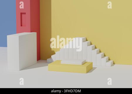 Abstract geometric podium with staircase and rectangular stands for product presentation Stock Photo