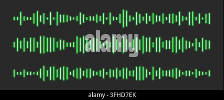 Neon soundwaves, green isolated glowing sound audio waves. Stock Vector