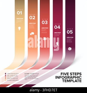 This five steps infographic template features colorful curved ribbon stripes for your presentation. Use this clear infographic template to display bus Stock Vector