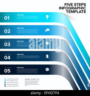 Modern infographic template featuring five curved blue business steps. Use this professional infographic template for presentations, workflow, and str Stock Vector