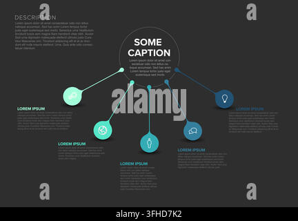 Professional infographic template featuring five connected steps with icons on a dark background. This infographic template is ideal for business data Stock Vector