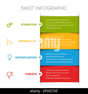 Professional SWOT analysis infographic featuring colorful banners for strengths, weaknesses, opportunities, and threats. This SWOT analysis template i Stock Vector