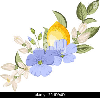 Lemon botanical composition with citrus fruits,blue linen flowers and green leaves. Hand drawn vector illustration isolated on white background. Stock Vector