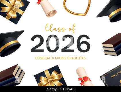 Class of 2026 graduation greeting card with diploma, graduation cap, books and elegant academic celebration frame Stock Vector