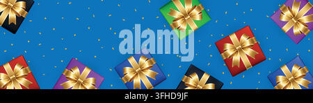 Seamless gift box pattern with colorful presents, golden ribbons and confetti on blue background. Festive wrapping design Stock Vector