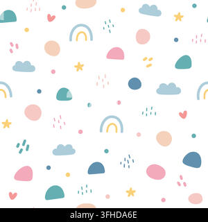 Baby seamless pattern with rainbow. Сute elements hearts, rainbow, clouds and funky dots. Stock Vector