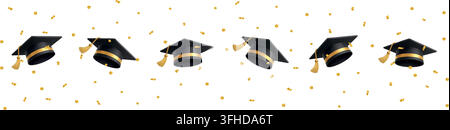 Graduation border with black mortarboard caps and golden confetti on white background Stock Vector