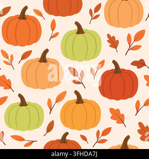 Vector seamless pattern of different pumpkins and leaves. Ripe juicy pumpkins and falling leaves. Autumn background. Stock Vector
