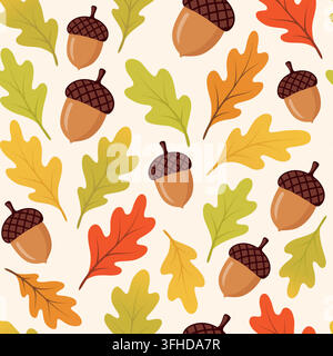 Seamless pattern with acorns and oak leaves. Autumn leafs on a dark background. Stock Vector