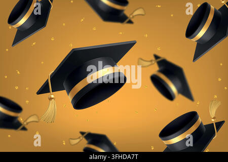 Seamless graduation background with floating mortarboard caps and golden confetti on yellow backdrop vector illustration Stock Vector