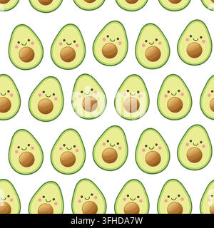 Avocado in cartoon style seamless pattern on white background. Flat vector illustration. Stock Vector