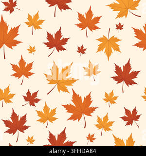 Seamless autumn pattern with maple leaves in cartoon style. Flat vector illustration on light background. Stock Vector