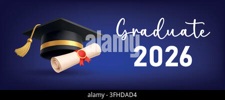 Graduate 2026 banner with graduation cap and diploma on blue background modern academic celebration vector illustration Stock Vector