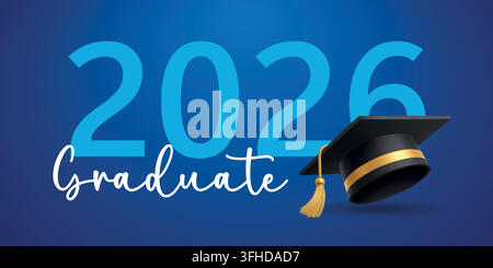 2026 graduation background with mortarboard cap and handwritten graduate lettering on blue gradient vector illustration Stock Vector