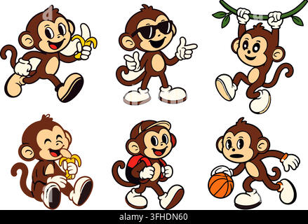 Cute Cartoon Monkey Characters Vector Set with Various Poses Stock Vector