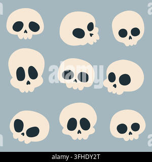 Cute hand drawn human skull set Halloween vector icon collection isolated on light background. Stock Vector