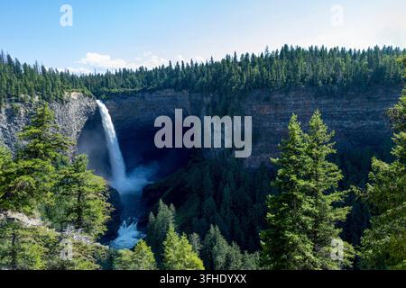 A powerful cascade of water descends from a rocky cliff face into a deep gorge, framed by vibrant coniferous trees under a clear blue sky, Helmcken Fa Stock Photo