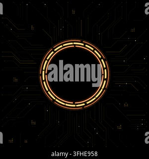 Luminous circular frame with angular electronic traces on a black background. Editable vector illustration with an open center. Stock Vector