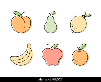 Fruit icon set with peach, pear, lemon, banana, apple and orange. Pastel outline vector illustration on white background.  Stock Vector