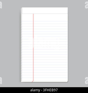 white legal sheet has blue horizontal rules double red margin blank header and angled shadow. Suitable for office writing school notes printable forms stationery layouts organization Stock Vector