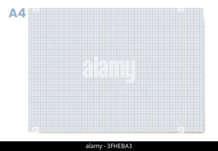 A4 landscape blue millimeter graph sheet with hierarchical squares, corner size label and soft drop shadow on white. Ready for printable technical notes, geometry homework, science plotting or layouts Stock Vector