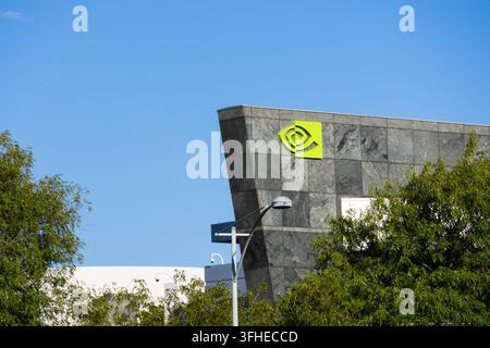 Santa Clara, California, USA - September 05, 2026: NVIDIA Corporation logo displayed on the company's headquarters building facade under a clear blue Stock Photo