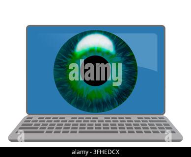 Detailed green iris displayed on a modern laptop screen set against a white background. Perfect visual concept for internet security, data privacy, bi Stock Photo