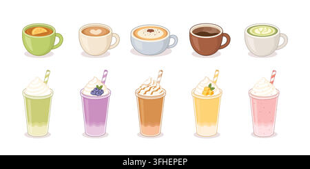 Cafe beverage illustration collection featuring hot and cold drinks Stock Vector