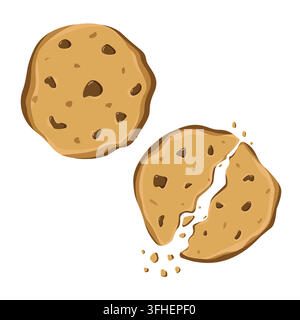 Chocolate chip cookie illustration featuring whole and broken cookies Stock Vector