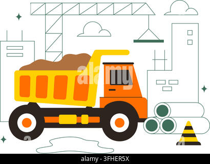 Construction Vector Illustration Featuring Workers, Cranes, Excavators, Dump Trucks, and Heavy Machinery at a Building Site with Safety Equipment Stock Vector