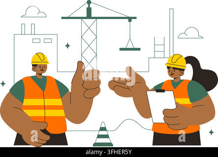 Construction Vector Illustration Featuring Workers, Cranes, Excavators, Dump Trucks, and Heavy Machinery at a Building Site with Safety Equipment Stock Vector