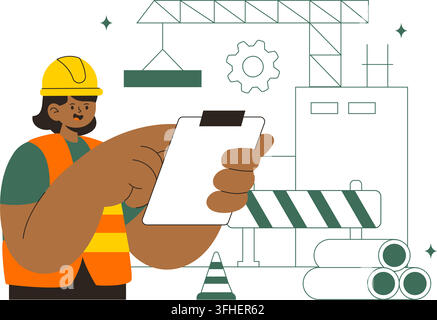 Construction Vector Illustration Featuring Workers, Cranes, Excavators, Dump Trucks, and Heavy Machinery at a Building Site with Safety Equipment Stock Vector