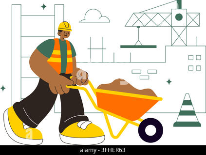 Construction Vector Illustration Featuring Workers, Cranes, Excavators, Dump Trucks, and Heavy Machinery at a Building Site with Safety Equipment Stock Vector
