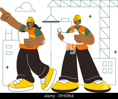 Construction Vector Illustration Featuring Workers, Cranes, Excavators, Dump Trucks, and Heavy Machinery at a Building Site with Safety Equipment Stock Vector
