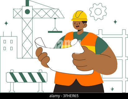Construction Vector Illustration Featuring Workers, Cranes, Excavators, Dump Trucks, and Heavy Machinery at a Building Site with Safety Equipment Stock Vector
